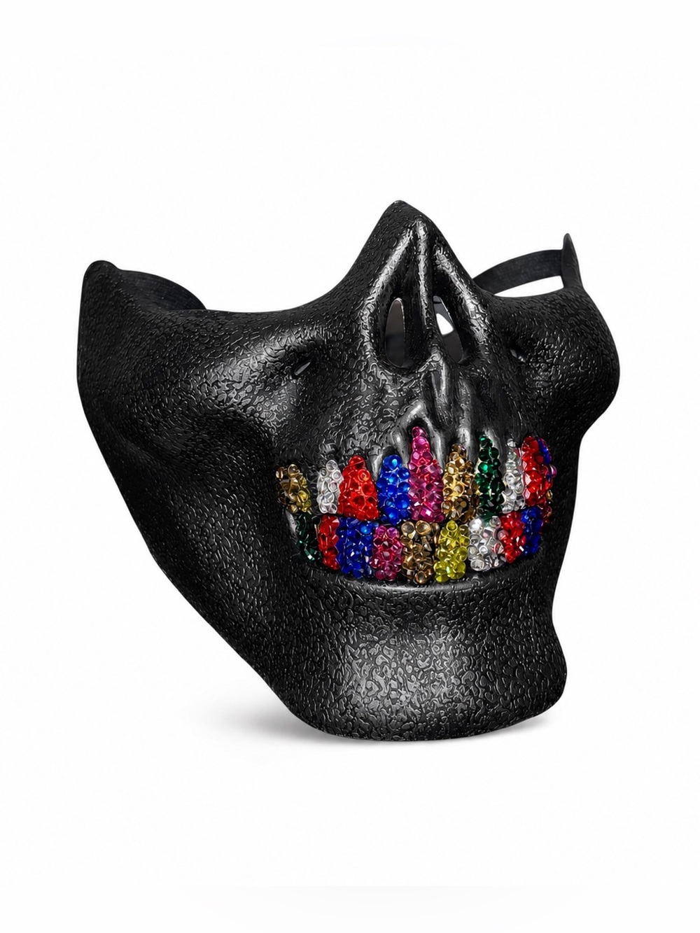 Black Half Skull Mask With Blinged Out Multi Crystal Grillz EDC Rave Costume
